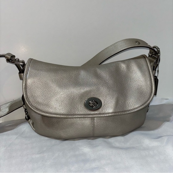 COACH Legacy Duffle Bag, Pebbled Leather, Turn-lock flap front, Silver Metallic - Picture 3 of 10